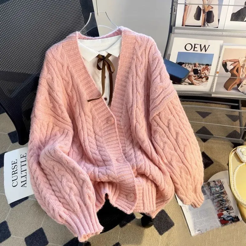 Womens Solid-Color Loose Soft Textured Cable-Knit Sweater Jacket - Pink