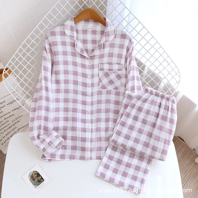 Cotton Washed Cotton Gauze Thin Section Plus Size Homewear Suit - Purple Plaid Crepe Suit Women
