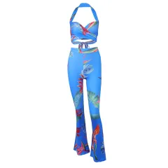 Fashion Printed Sleeveless Vest Flared High Waist Wide Leg Pants Suit - Blue - View 1