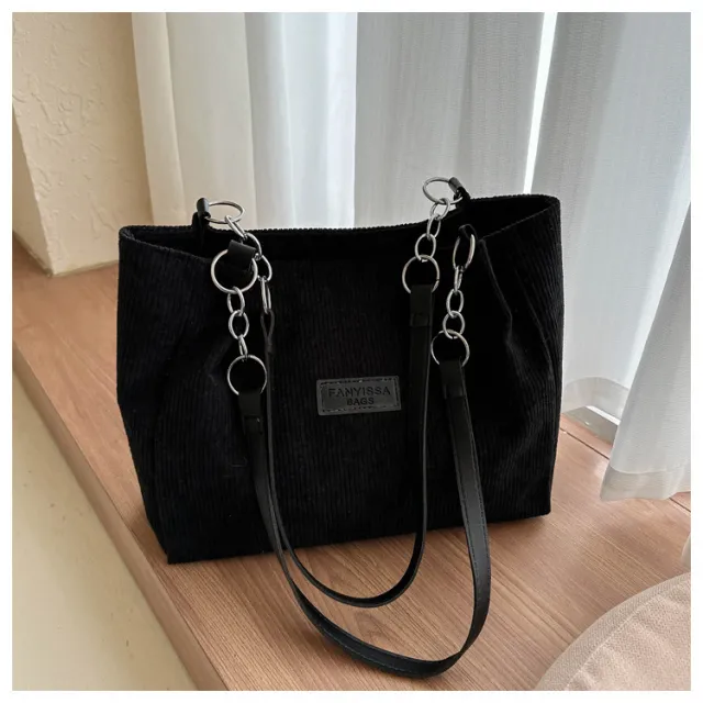 New Corduroy One shoulder Tote Large Capacity Handbag For Women Black - Shop at LoveMi