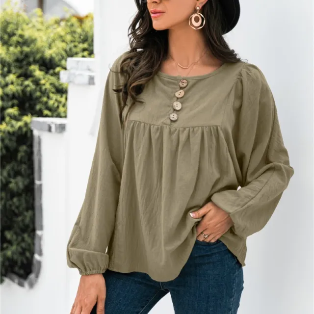 Autumn New Button Loose Top For Women Army Green - Shop at LoveMi