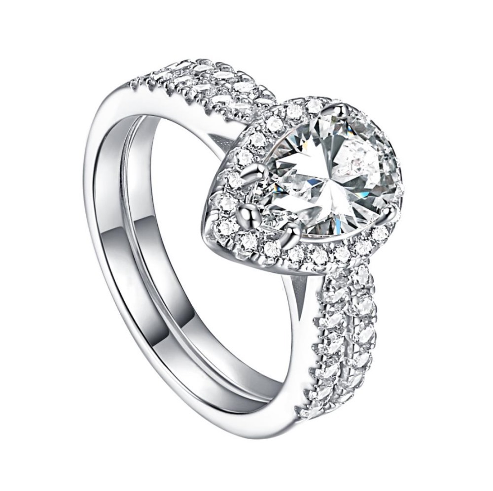 925 Sterling Silver Ring Female Zircon Set Ring Creative Water Drop Style