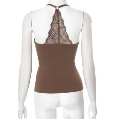 European And American Solid Color Sexy Lace Off-the-shoulder Strap Top - Dark Brown - View 1