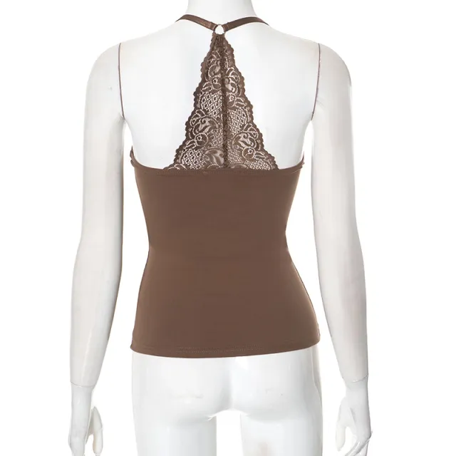 European And American Solid Color Sexy Lace Off the shoulder Strap Top Dark Brown - Shop at LoveMi
