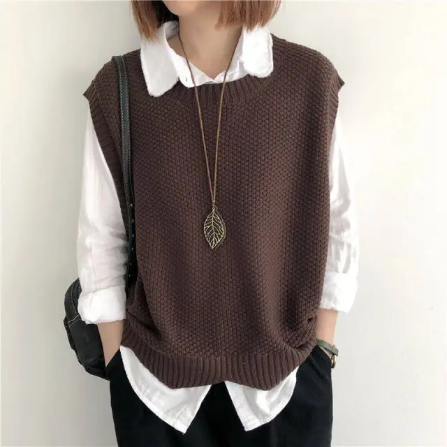 Knitted Vest Women's Vest Solid Color Loose Round Neck Irregular Pullover Short Crop top Outerwear Coffee - Shop at LoveMi