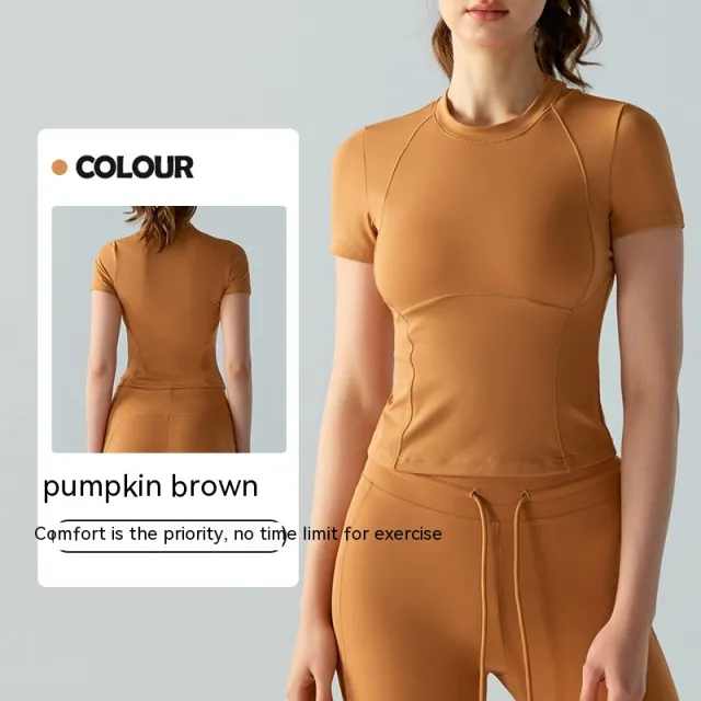 Casual Slimming Cool Yoga Clothes Short Sleeve Brown - Shop at LoveMi