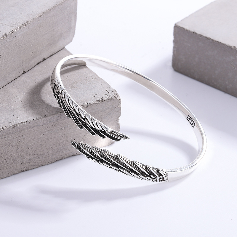 Vintage Thai Silver Feather Bracelet Female Simple