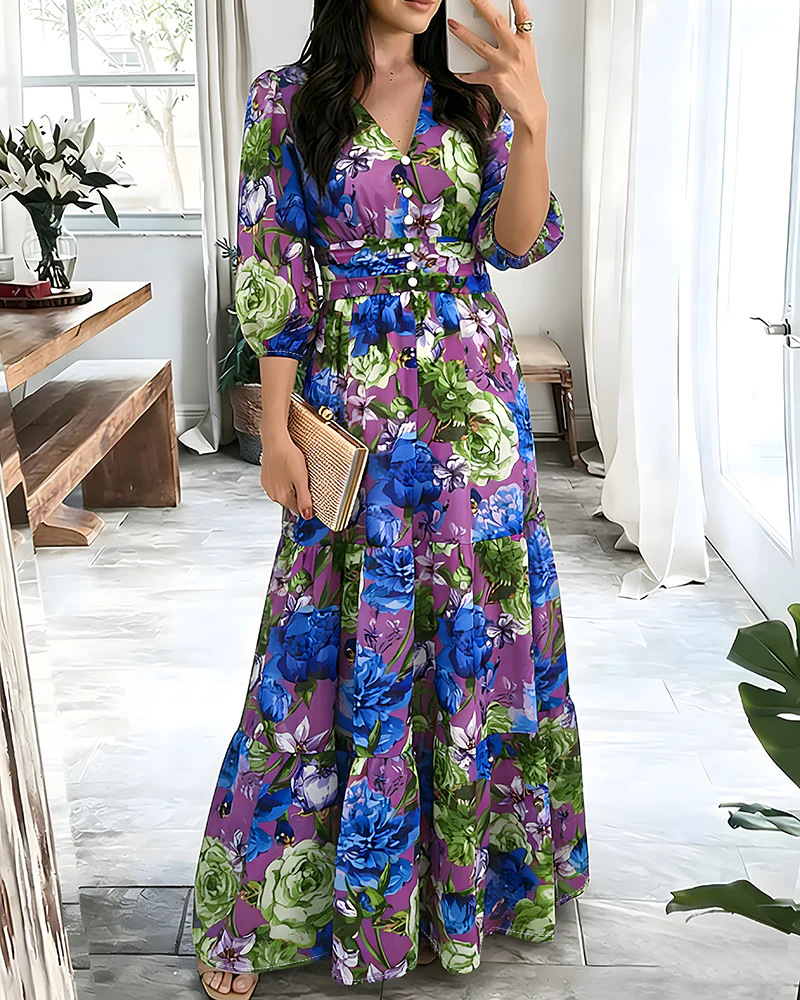 Three-quarter-sleeve Layered Ruffled Waist-cinching Dress