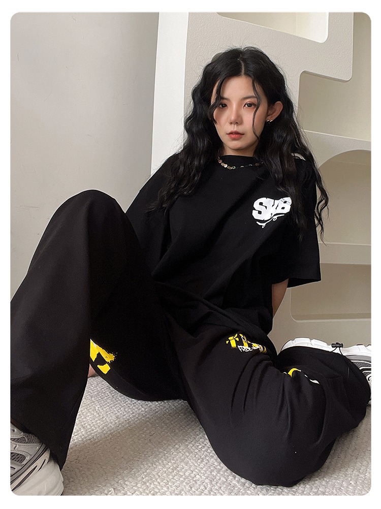 Title 3, New Yellow Letter Black Womens Loose Casual Wi...