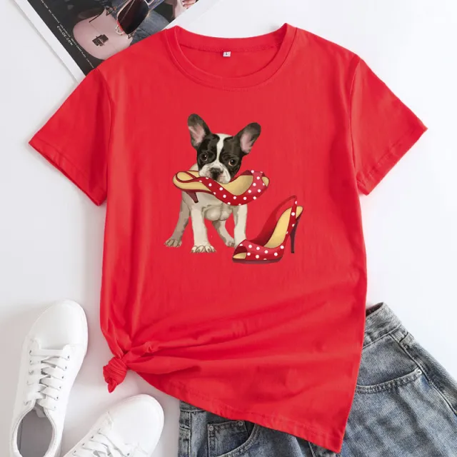 Loose And Cute Dog Print Pure Cotton Round Neck Short Sleeves Red - Shop at LoveMi