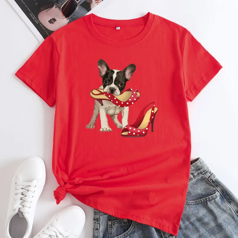 Loose And Cute Dog Print Pure Cotton Round Neck Short Sleeves - Red