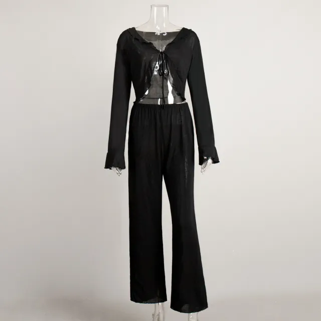 Womens Lace Up Long Sleeve Top And Pants Pajama Set Black - Shop at LoveMi