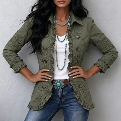 Ruffled Jacket Solid Color Pleated Lapel Blazer Women's Fashion Casual Printed Suit Jacket Office Wear Clothing