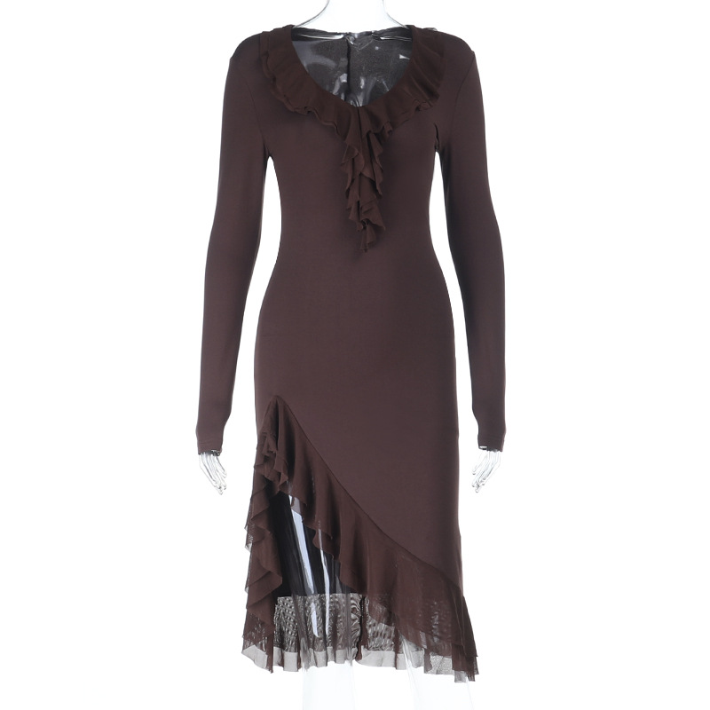 European And American Style Ruffled Long Sleeve Dress Brown - Shop at LoveMi