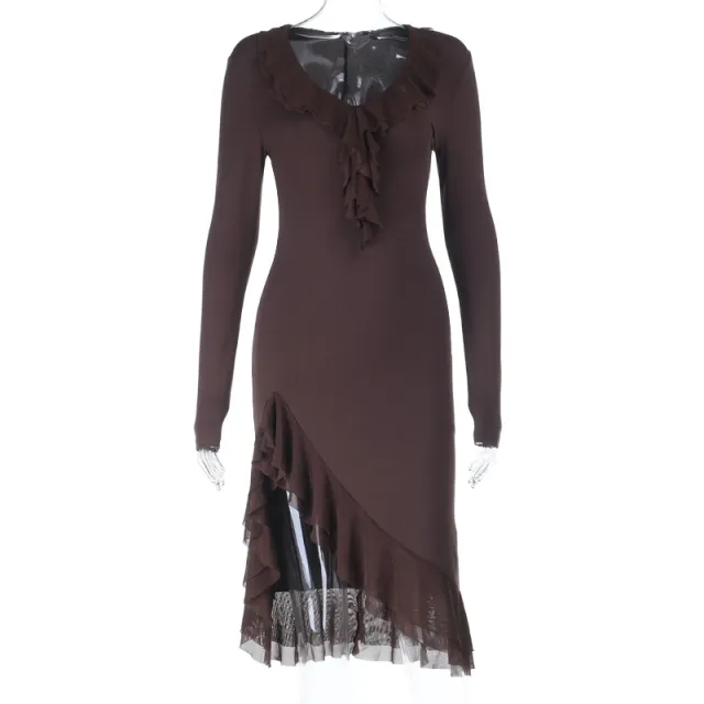 European And American Style Ruffled Long Sleeve Dress Brown - Shop at LoveMi