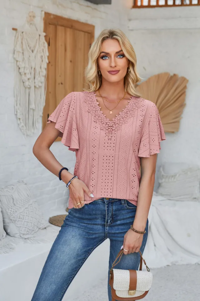 Women's Spring And Summer Lace Ruffle Sleeve Solid Color Loose Short Sleeve Pink Color - Shop at LoveMi