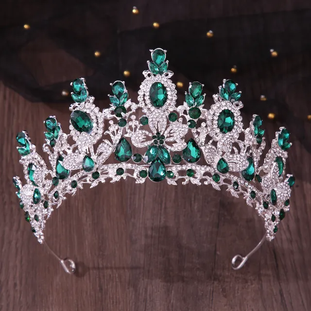 Bridal Crown Headdress Cross Wedding Dress Accessories Luxury Crystal Thick Silver Green Crystal - Shop at LoveMi