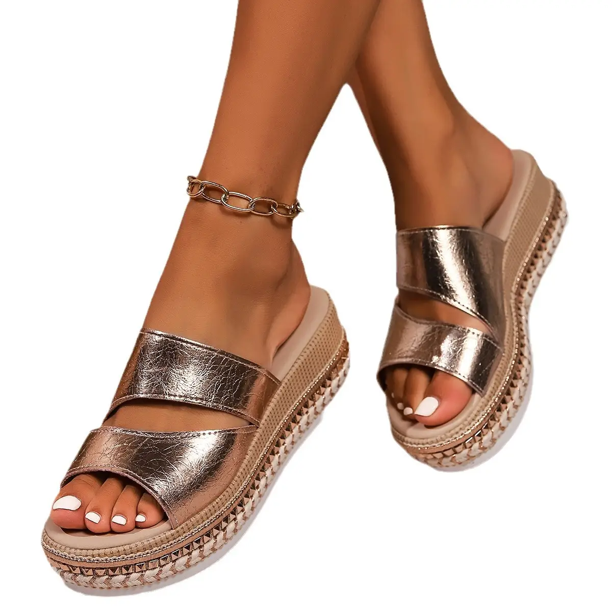 Platform Slippers Rivet Golden Hollow Sandals
