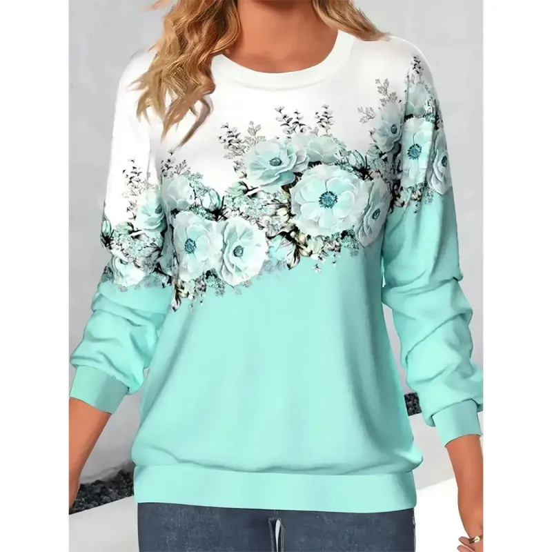 Women's Clothing Round Neck Long Sleeve Flower 3D Printed Pullover Sweatshirt - Jy231028101-5Xl
