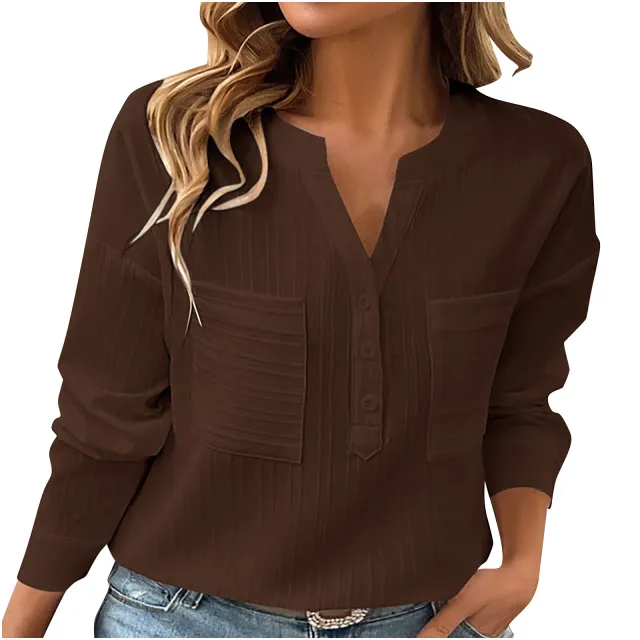 Women's Shirt V neck Temperament Leisure Solid Color Pullover Brown - Shop at LoveMi