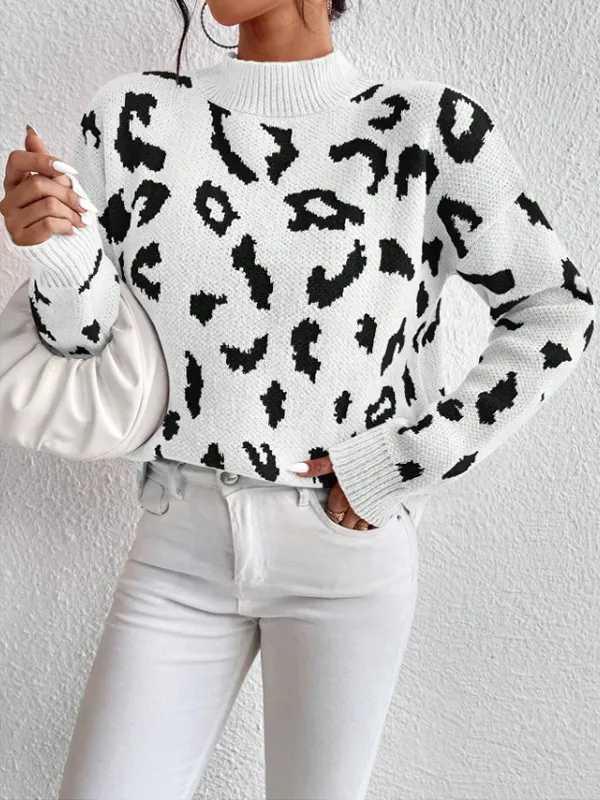 Spring And Autumn Temperament Leopard Print Jacquard Top White - Shop at LoveMi