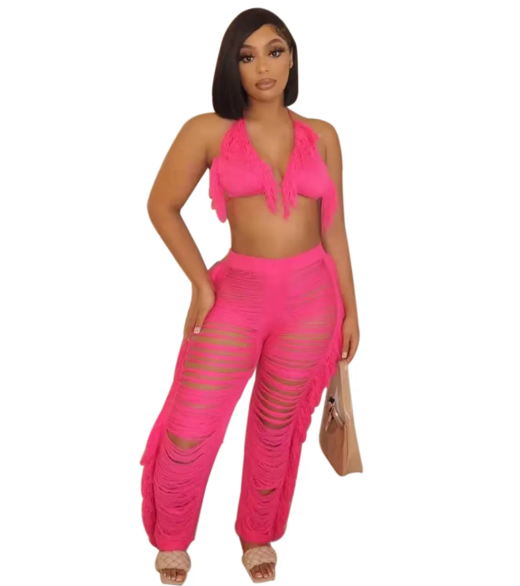 Pure Color Bikini Tassel Knitted Beach Pants Suit - Rose