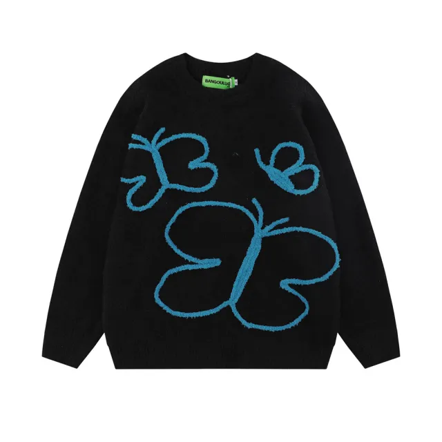 Niche High Street Design Butterfly Loose Round Neck Sweater Black - Shop at LoveMi