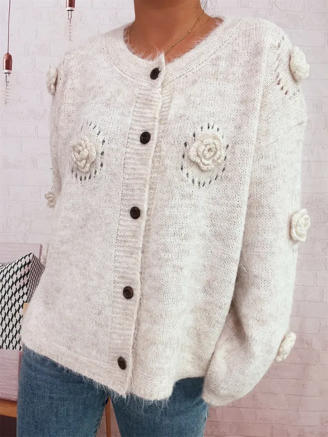 Three dimensional Flower Cutout Knitted Coat Round Neck Cute Sweater Beige - Shop at LoveMi