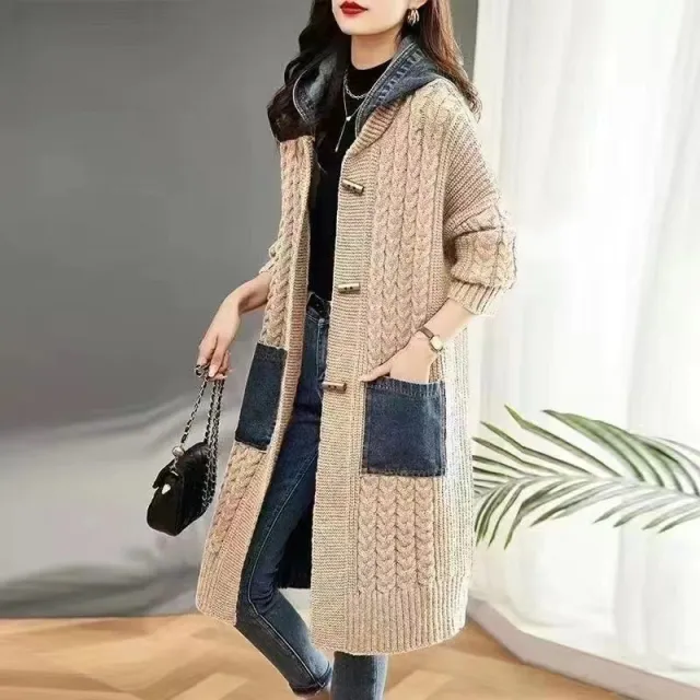 Spring And Autumn Cardigan Mid length Loose Western Style Outer Wear Hooded Knitted Top Beige White - Shop at LoveMi