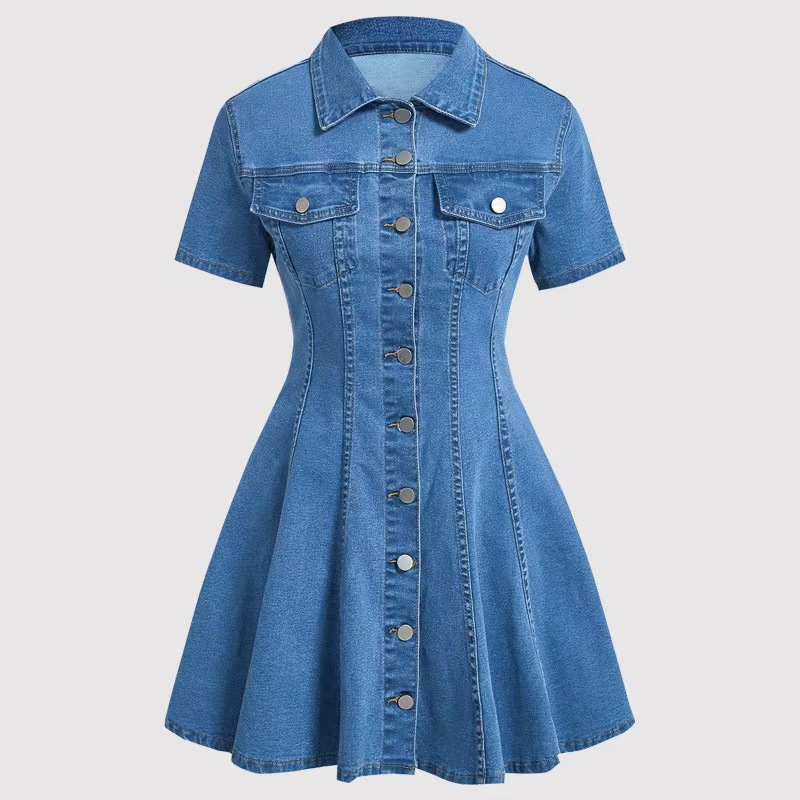 Denim Short-sleeve Cardigan Waist-cinching Dress