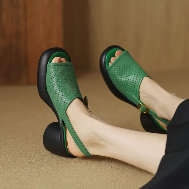 Women's Full grain Sheepskin Open Toe Platform High Heels Green - Shop at LoveMi
