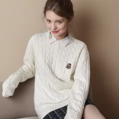 Bear Embroidery Round Neck Sweater For Women Style Lazy - White - View 1