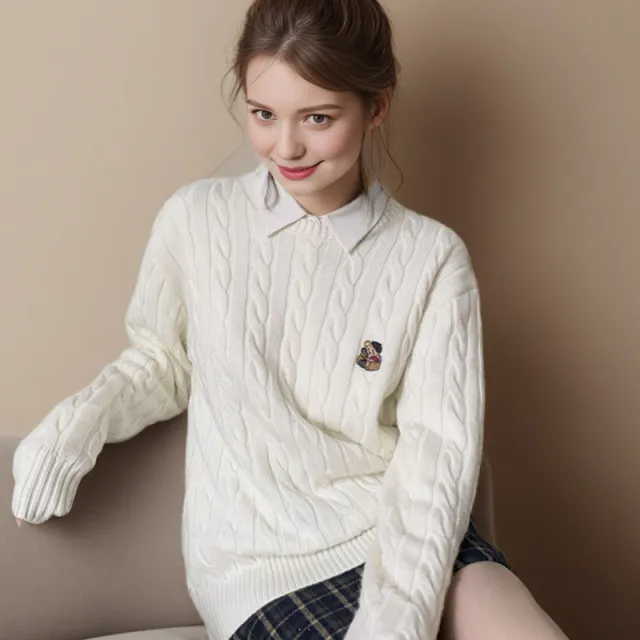 Bear Embroidery Round Neck Sweater For Women Style Lazy White - Shop at LoveMi