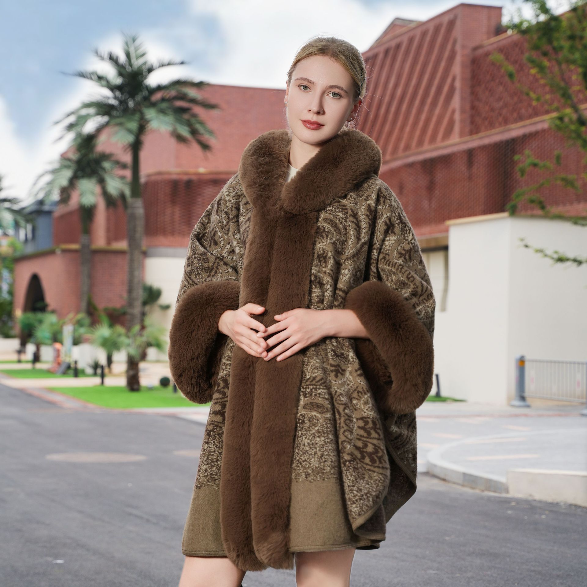 New Knitted Fur Shawl Women’s Warm Imitation Fur Cloak