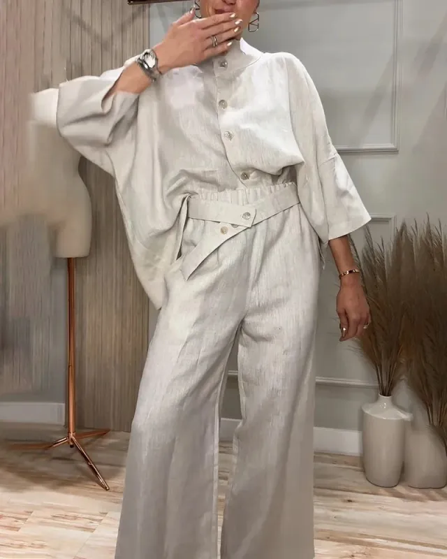 City Elegant Comfortable Stand up Collar 34 Sleeve Shirt Outfit - Shop at LoveMi