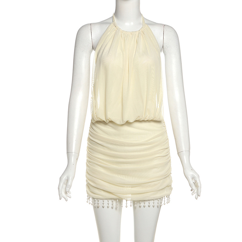Halter Sleeveless Stitching Tassel Beads Sheath Dress Apricot Beige - Shop at LoveMi