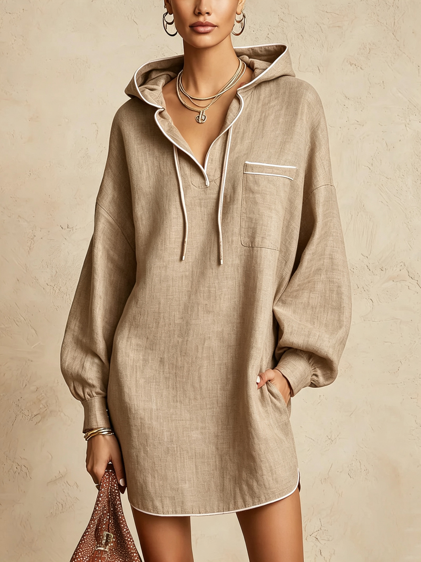 Womens Drawstring Midi Dress | Long-Sleeve Hooded