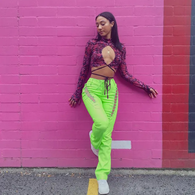 Women's High Waist Hollow out Strap Straight Ankle Tied Leather Pants Green - Shop at LoveMi