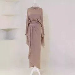 Elegant Batwing Sleeve Top Elegant Waist-tight Mid-length Dress Set - Khaki - View 1