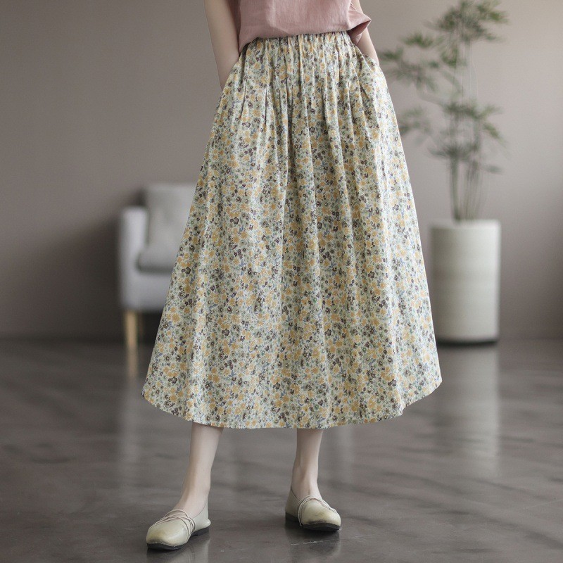 Artistic Floral Washed Cotton Sweet Neighbor's Beautiful Printed Skirt Yellow - Shop at LoveMi