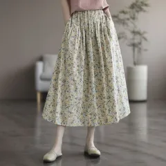 Artistic Floral Washed Cotton Sweet Neighbor's Beautiful Printed Skirt - Yellow - View 1