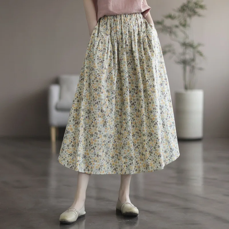 Artistic Floral Washed Cotton Sweet Neighbor's Beautiful Printed Skirt - Yellow
