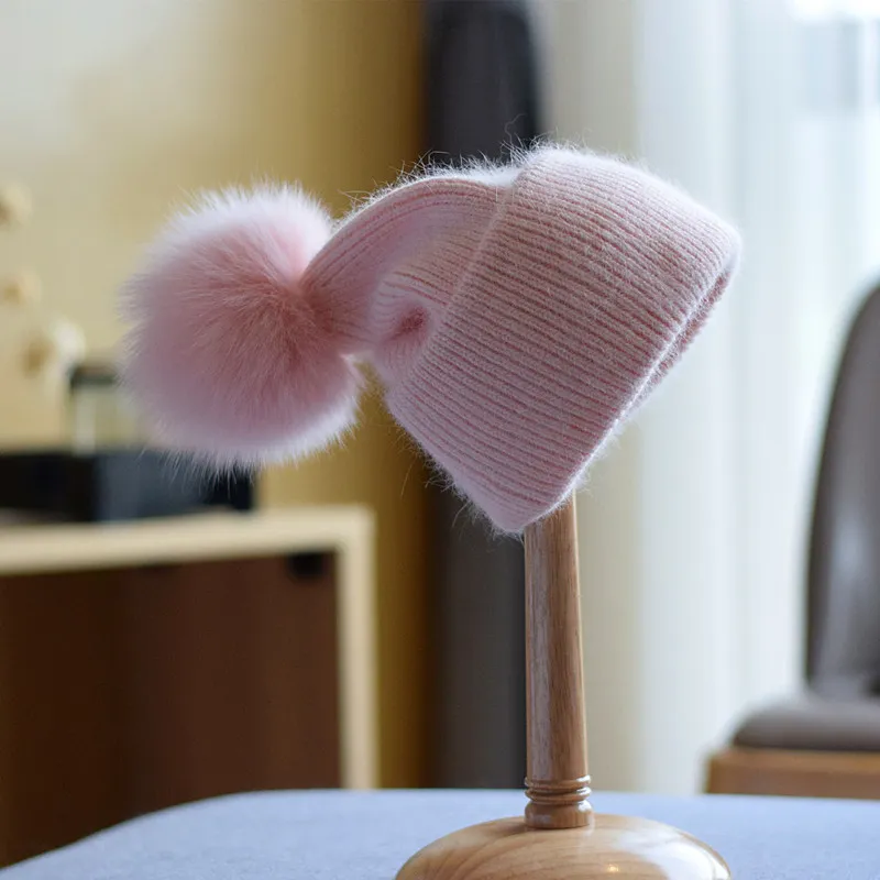 Women's Fashion Fox Fur Wool Cap - Pink