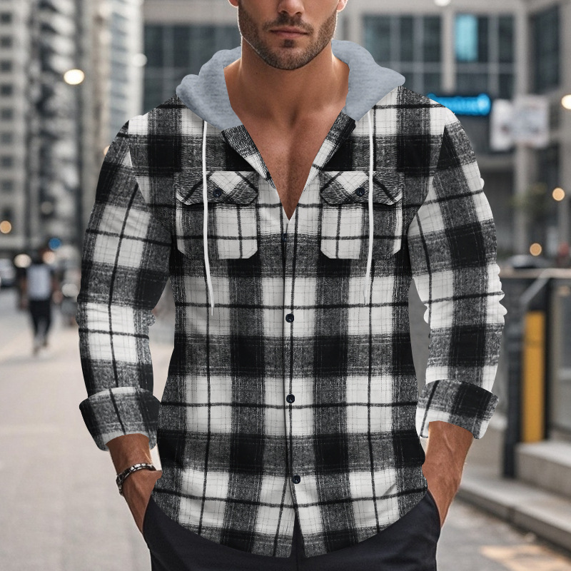 Men Flap Pocket Drawstring Hooded Plaid Shirt