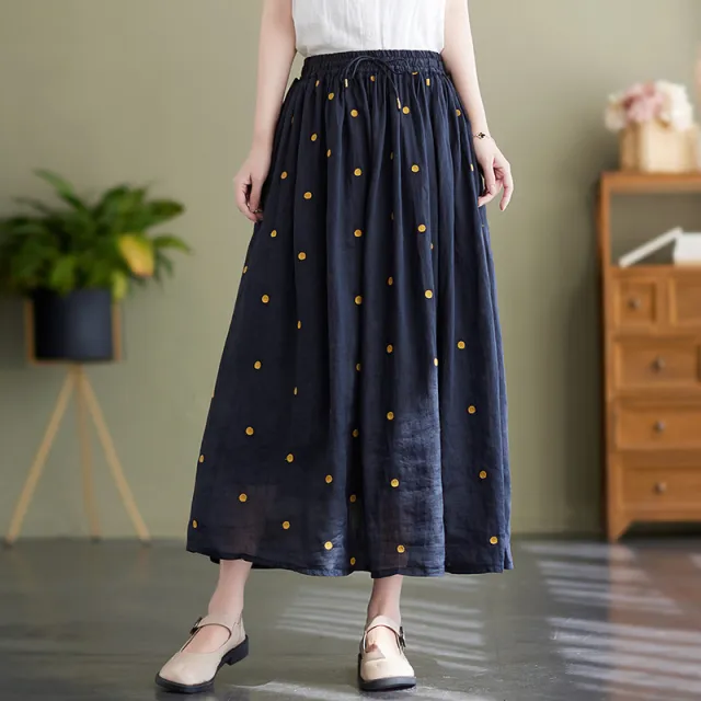Cotton And Linen Skirt Women's Temperament Figure Flattering Flowy Long Skirt Navy Blue - Shop at LoveMi