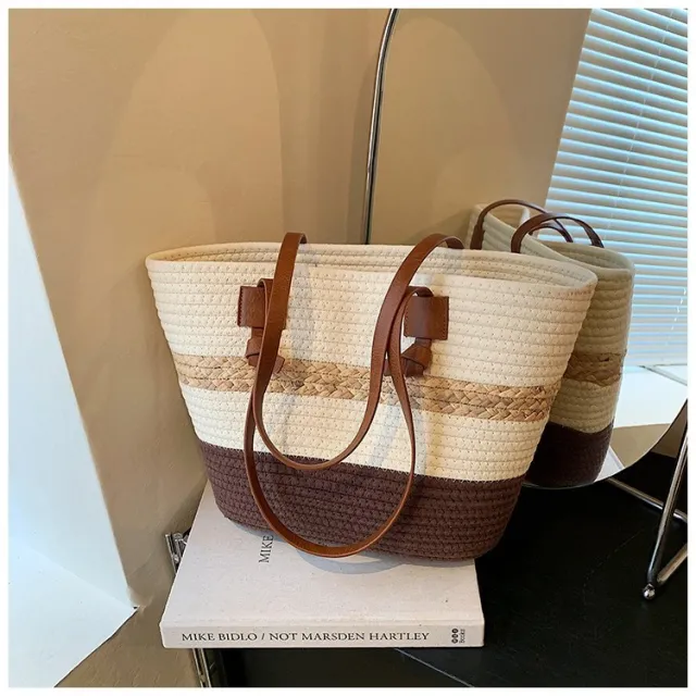 Straw Woven Tote Large Capacity Beach Shoulder Bag Brown - Shop at LoveMi