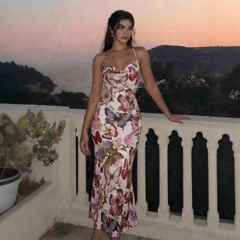 Elegant Floral-Print Halterneck Fishtail Midi Dress With Open Back