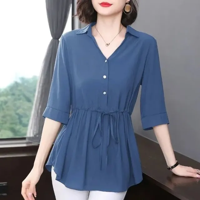 Middle aged And Elderly Women's Chiffon Shirt Navy Blue Half Sleeve - Shop at LoveMi