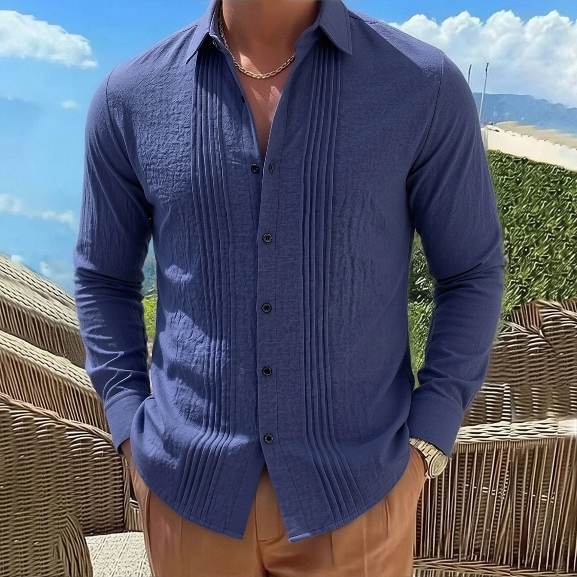 Solid-color Linen Four-season Long-sleeve Loose-fit Shirt For Men