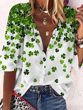 Casual Polo Collar Women's Plaid Simple Floral Print Mid length Sleeves Shirt 5 White Line C324 - Shop at LoveMi
